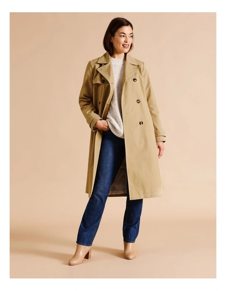Lined Trench Coat With Contrast Stitching In Camel