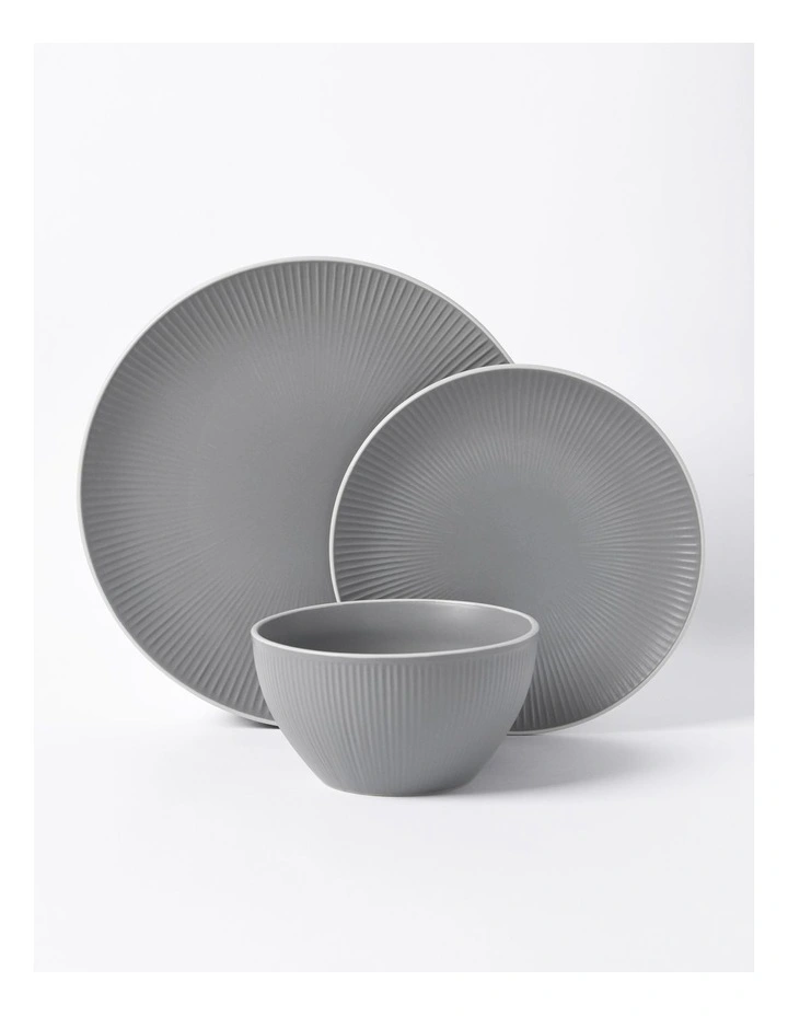 Maze 4 Person Ribbed Dinner Set 12 Piece in Matte Glaze Grey/White