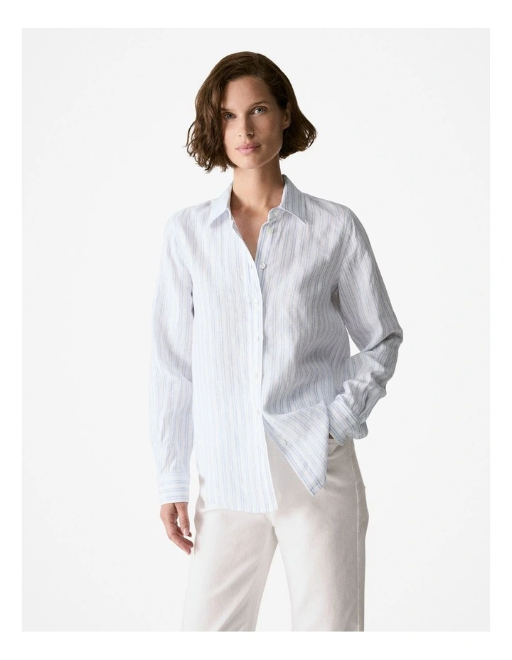 Yarn Dyed Linen Twin Stripe Shirt in Mid Blue