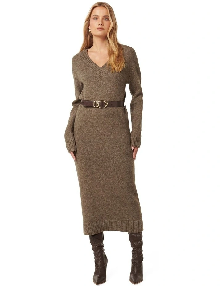 Haven V Neck Midi Dress in Beige