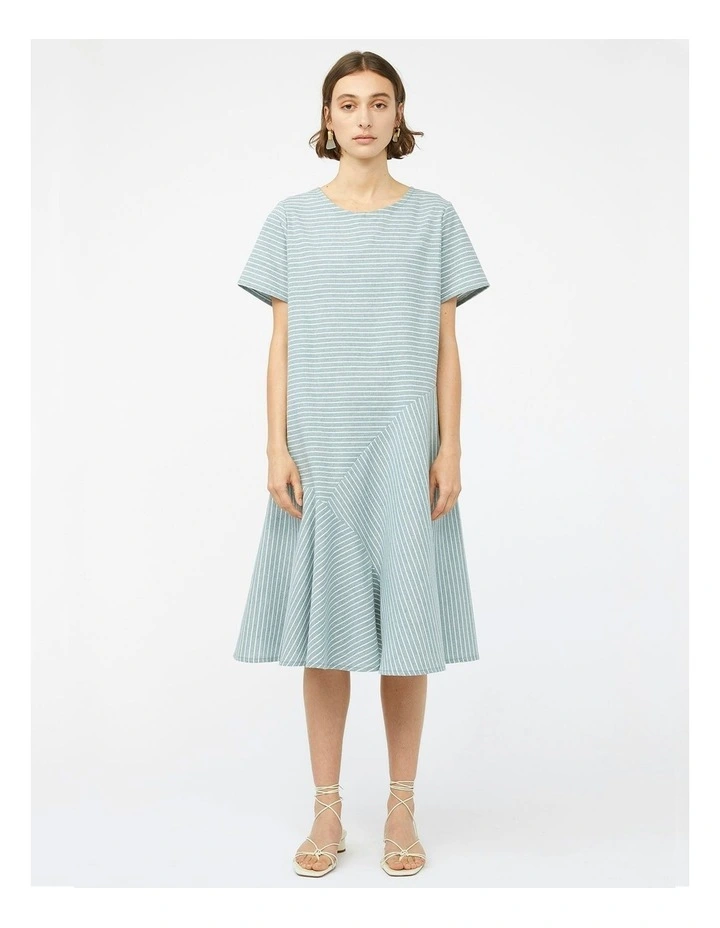 Refraction Short Sleeved Dress in Green/White Stripe