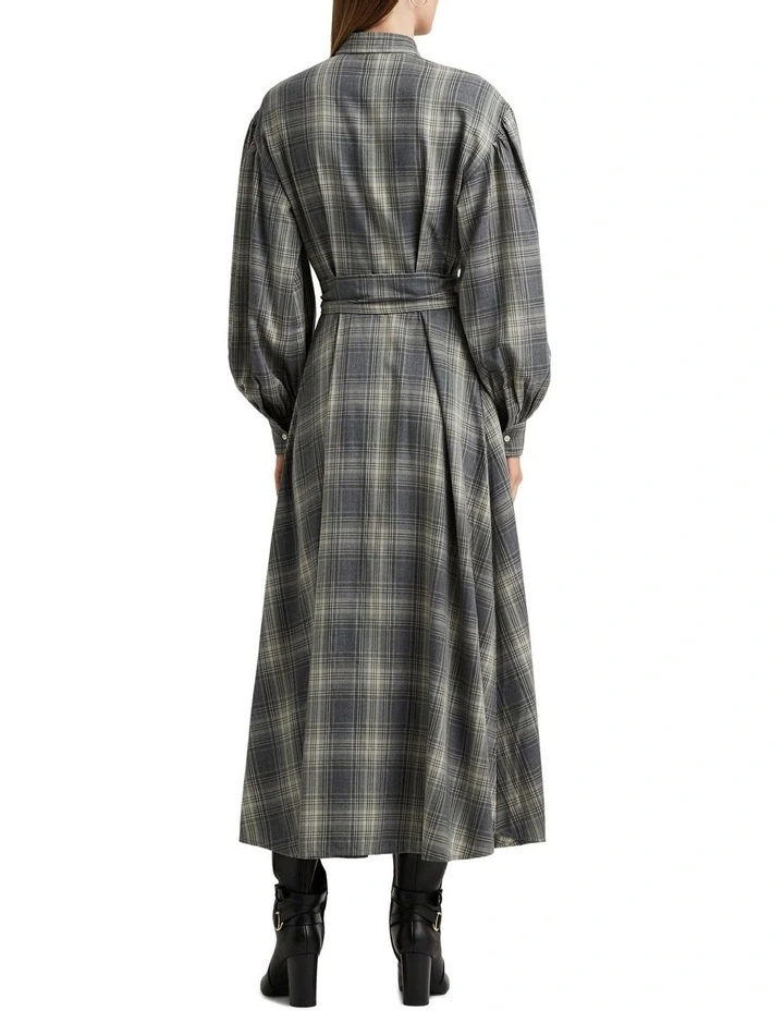 Checked Plaid Belted Twill Shirtdress in Grey