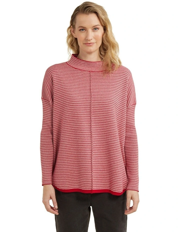 Fine Stripe Scoop Hem Jumper in Rhubarb