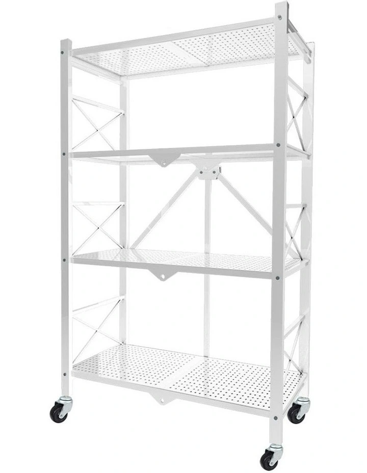 4 Tier Steel Foldable Display Stand Storage Organizer with Wheels in White