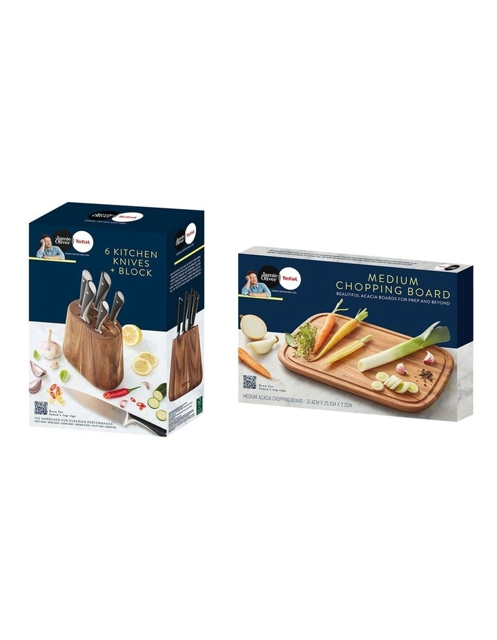 6 Piece Knife Block Set with BONUS Medium Chopping Board in Brown