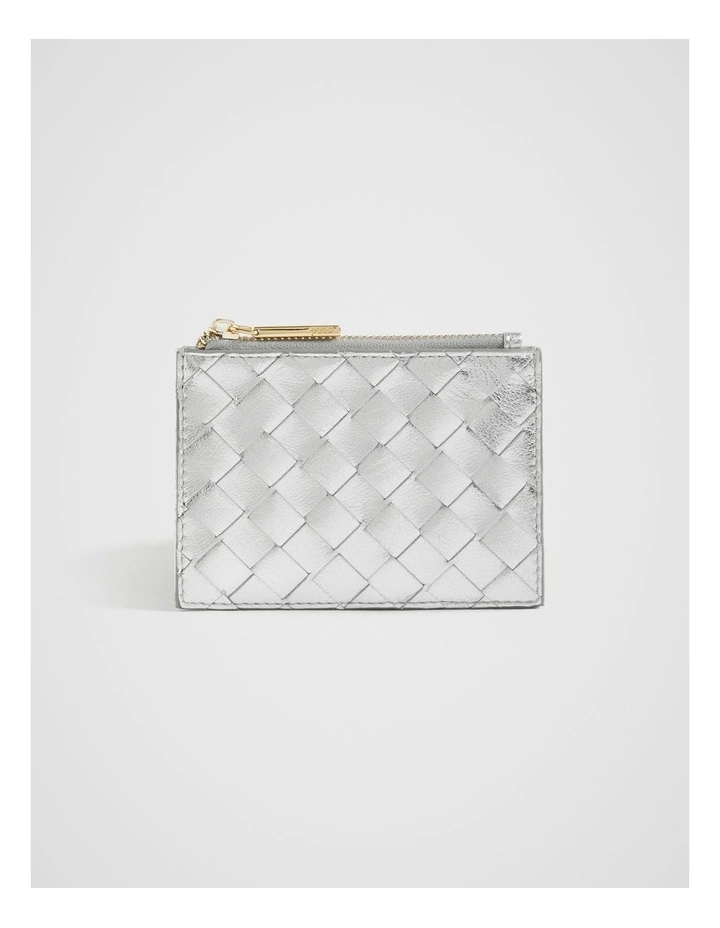 Leather Woven Card Holder in Silver