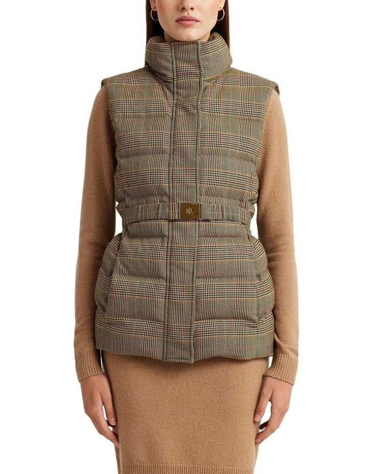 Glen Plaid Quilted Tweed Down Vest in Brown