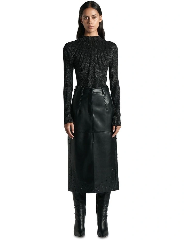 Funnel Neck Lurex Ribbed Knit Jumper in Black