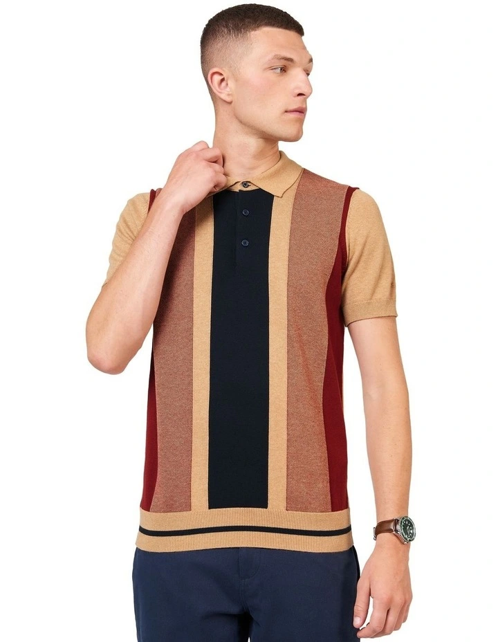 Vertical Stripe Polo Shirt in Beige