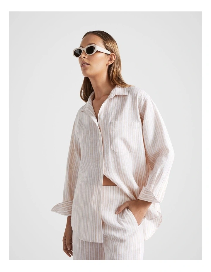 Core Linen Boyfriend Shirt in Soft Wheat Stripe