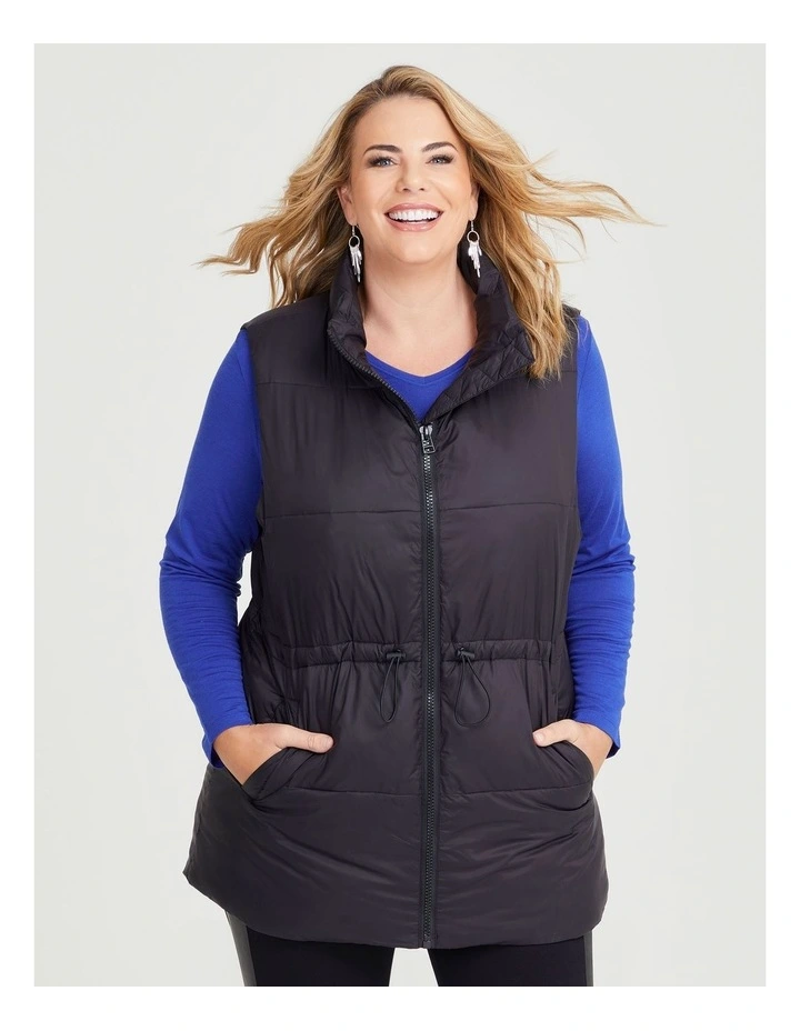 Mid Length Zip Puffer Vest in Black