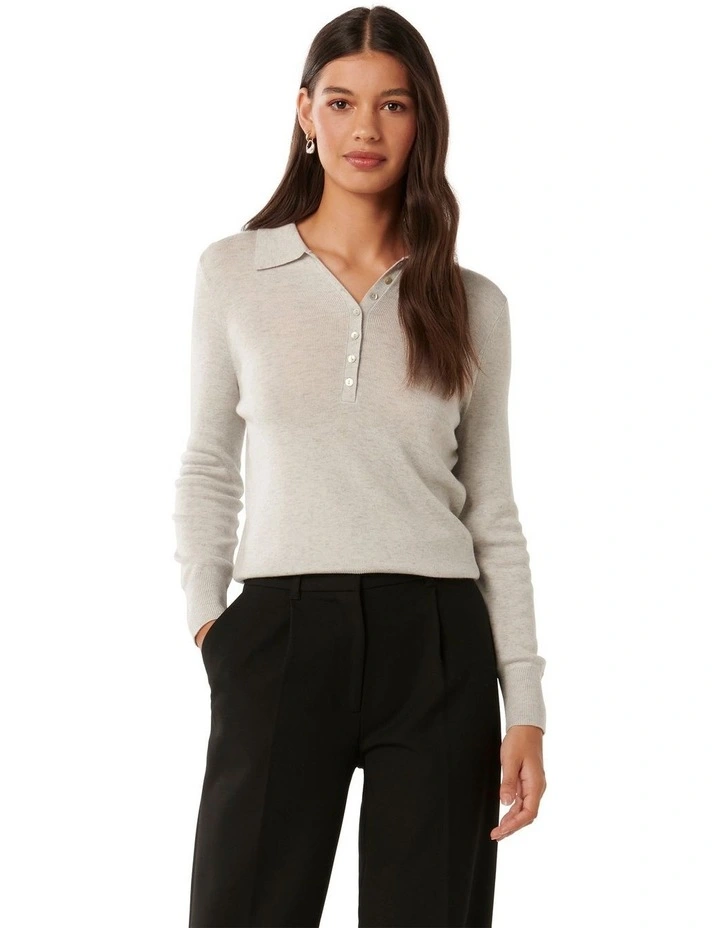 Olive Button Through Polo Sweater in Grey
