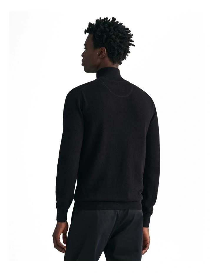 Cotton Pique Half-Zip Sweater in Black