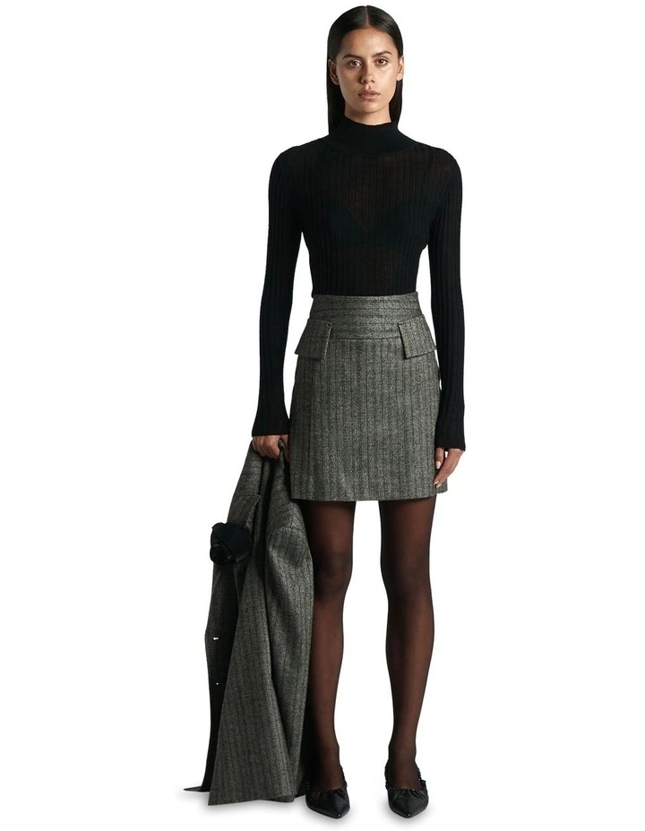 Herringbone Pinstripe Mini Skirt in Black