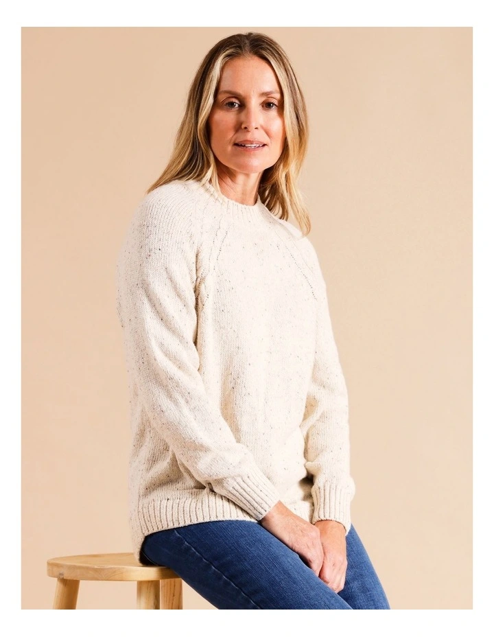 Twin Cable Armhole Jumper With Curved Hem In Ivory Fleck