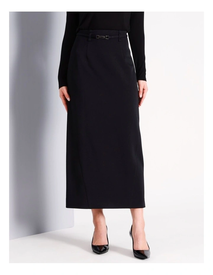 Recycled Polyester Blend Structured Column Skirt in Black
