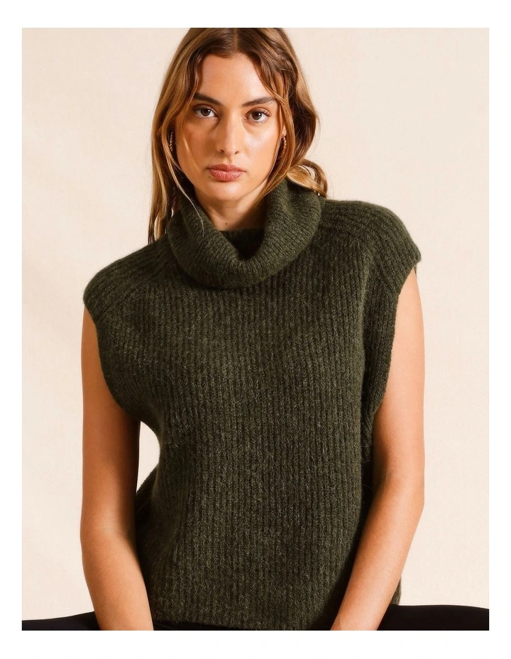 Funnel Neck Extended Shoulder Knit Vest in Khaki