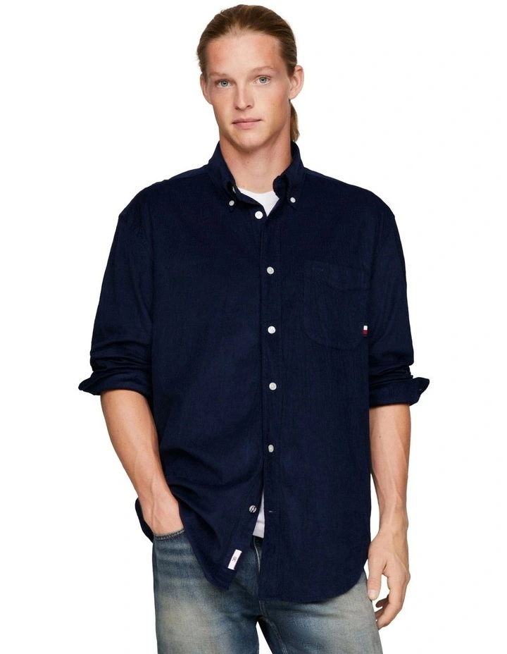Textured Corduroy Long Sleeve Shirt in Navy