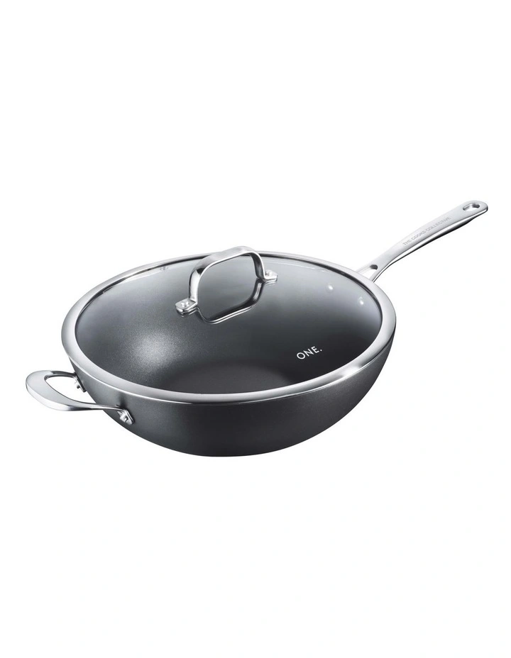 One Hard Anodised Wok with Lid 32cm in Black