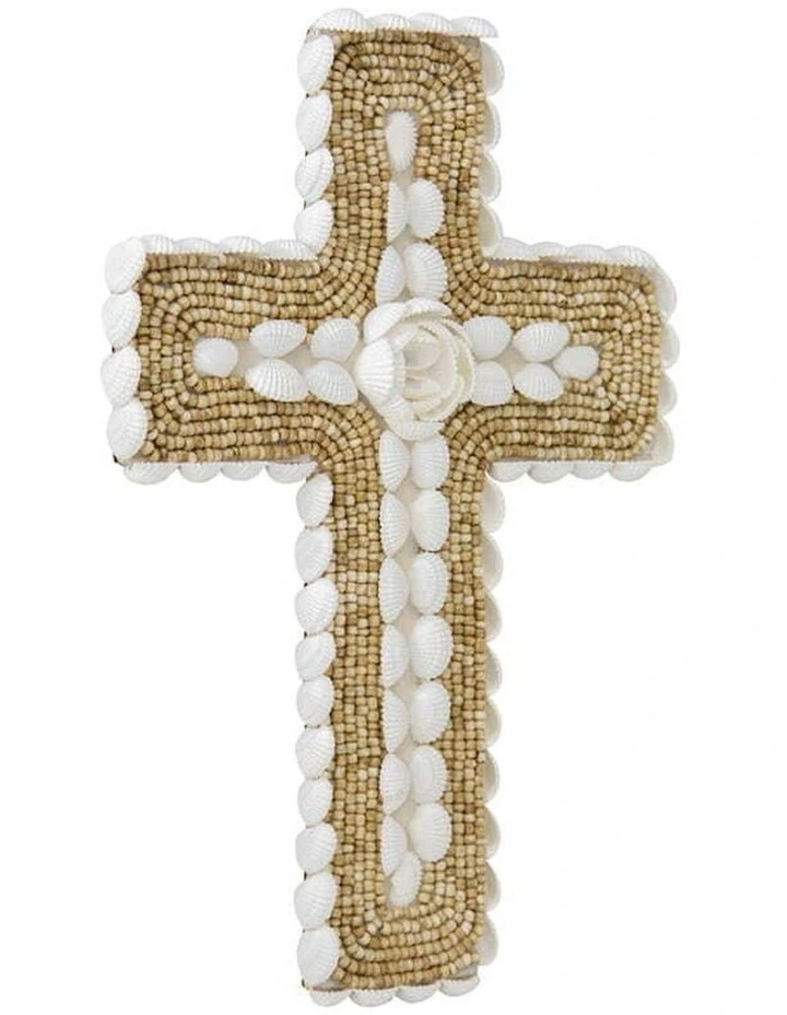 Handmade Shell and Narrow Weave Cross Wall Art in Multi