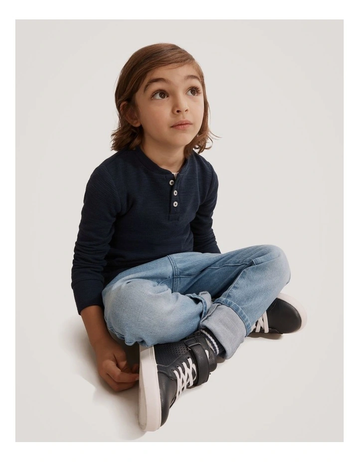 Organically Grown Cotton Slub Texture Henley Top in Navy