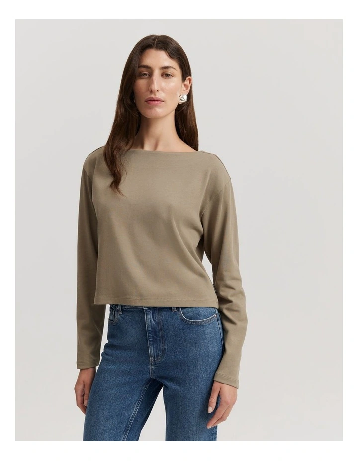 Australian Cotton Long Sleeve Boat Neck T-shirt in Sicilian Olive