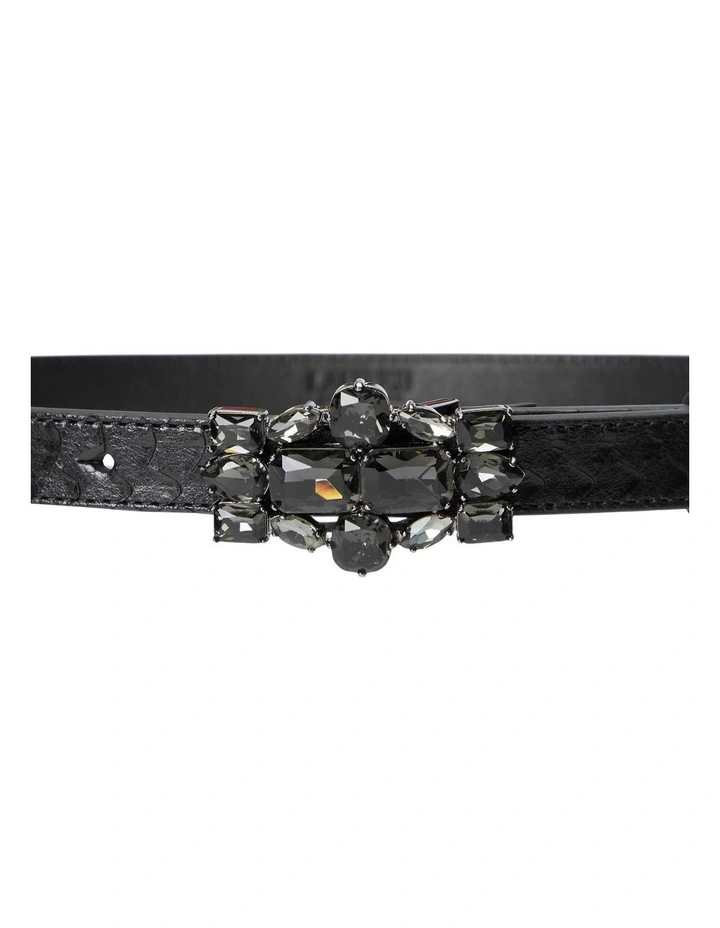 Stone-Embellished Faux-Snakeskin Belt in Black