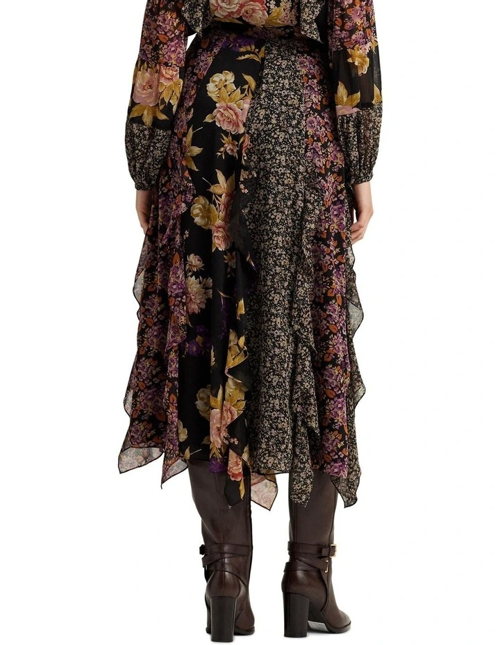 Mixed-Floral Ruffle-Trim Georgette Skirt in Black
