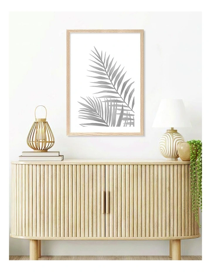 Australian Made Watercolour Palm Leaves Black Art Print A2 in Natural Frame