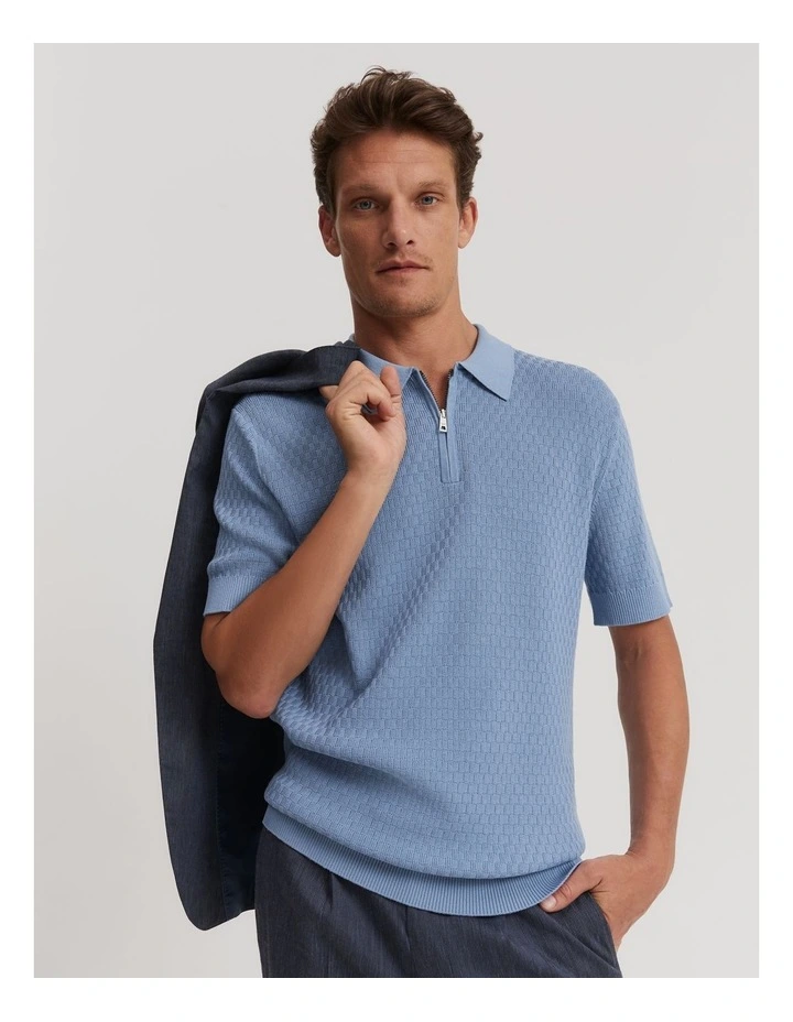 Cotton Silk Textured Knit Polo Shirt in Light Blue Melange