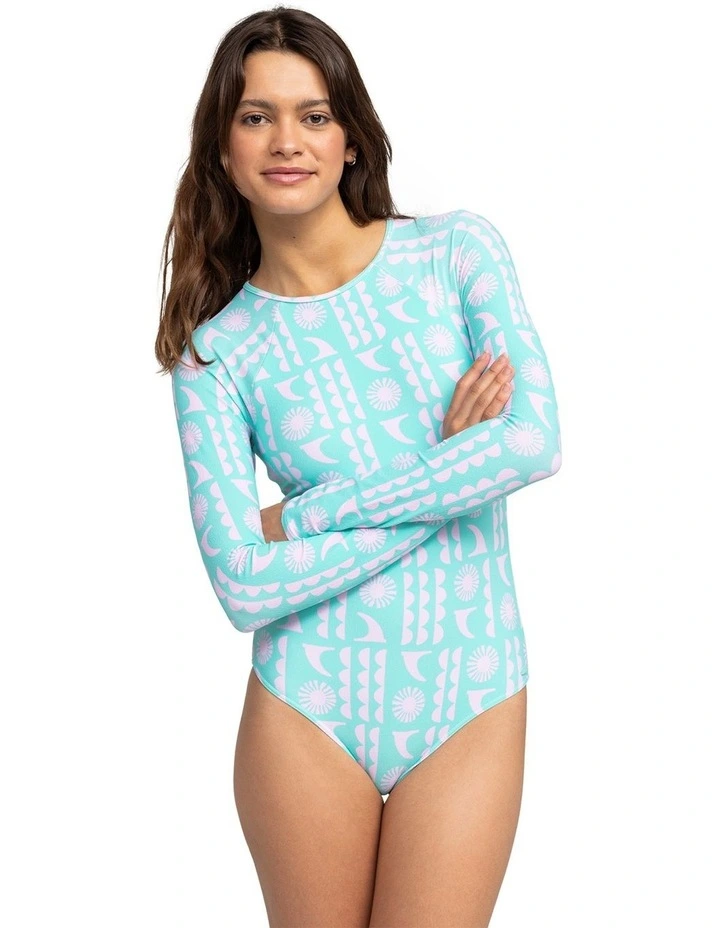 Long Sleeve One Piece Swimsuit in Aruba Blue Surf Saavy Small
