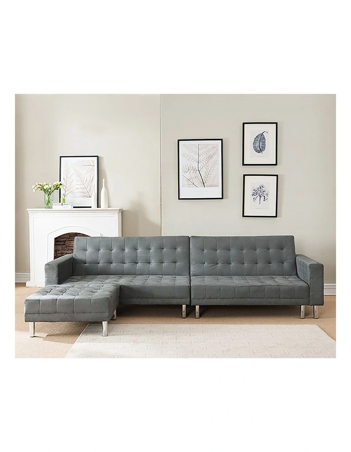 Sarantino Faux Velvet Corner Sofa Bed Couch with Chaise Grey