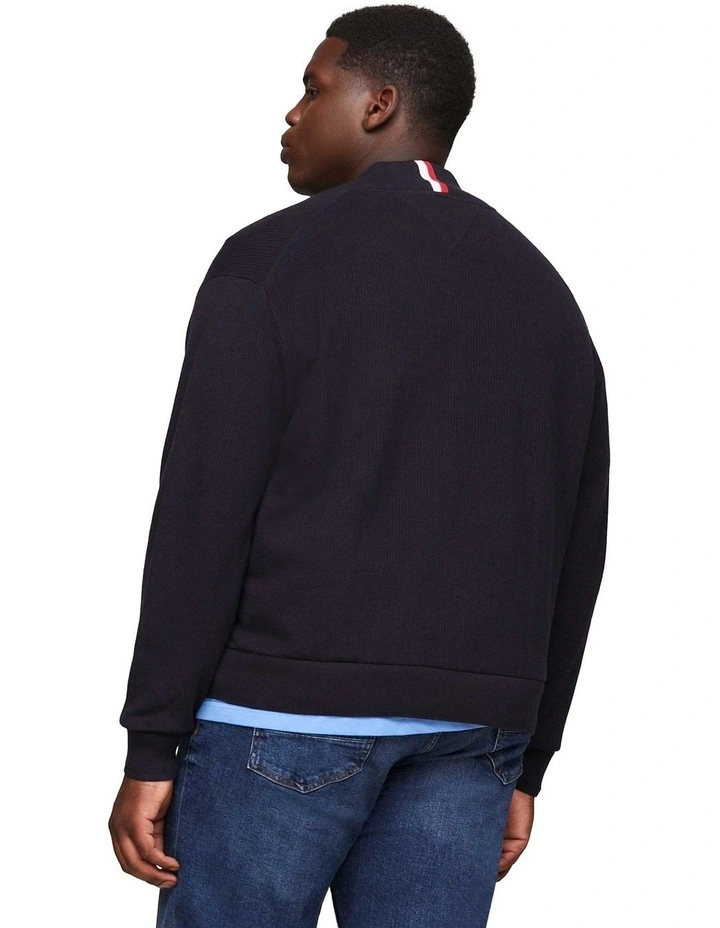 Big and Tall Chain Structure Zip Thru Knit Sweater in Navy