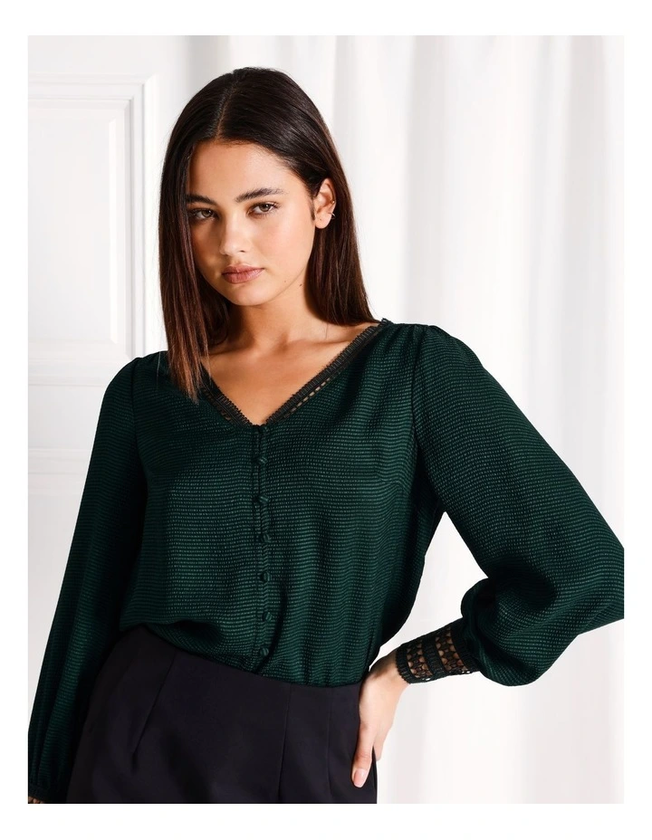 Lace Trim V-Neck Button Down Blouse in Dark Green