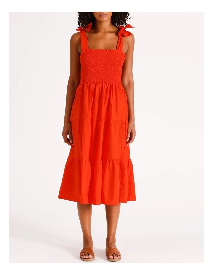 Maggie Smock Cotton Midi Dress in Cherry Tomato