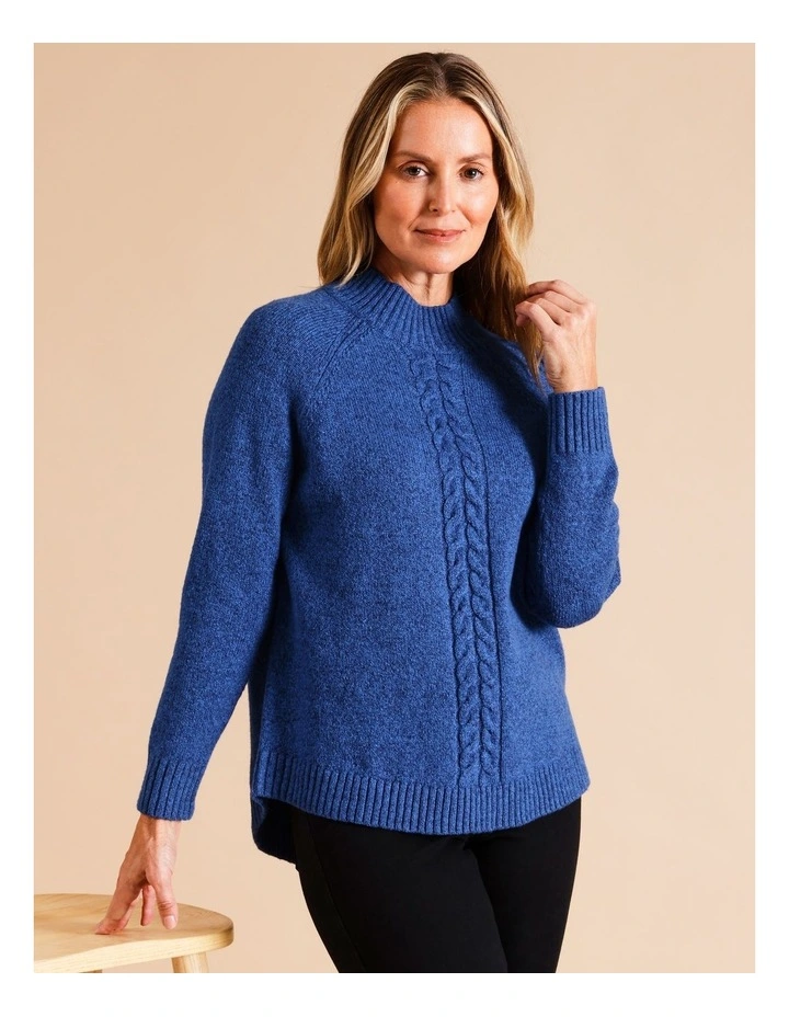 Centre Front & Sleeve Cable Armhole Jumper In Bright Blue Fleck
