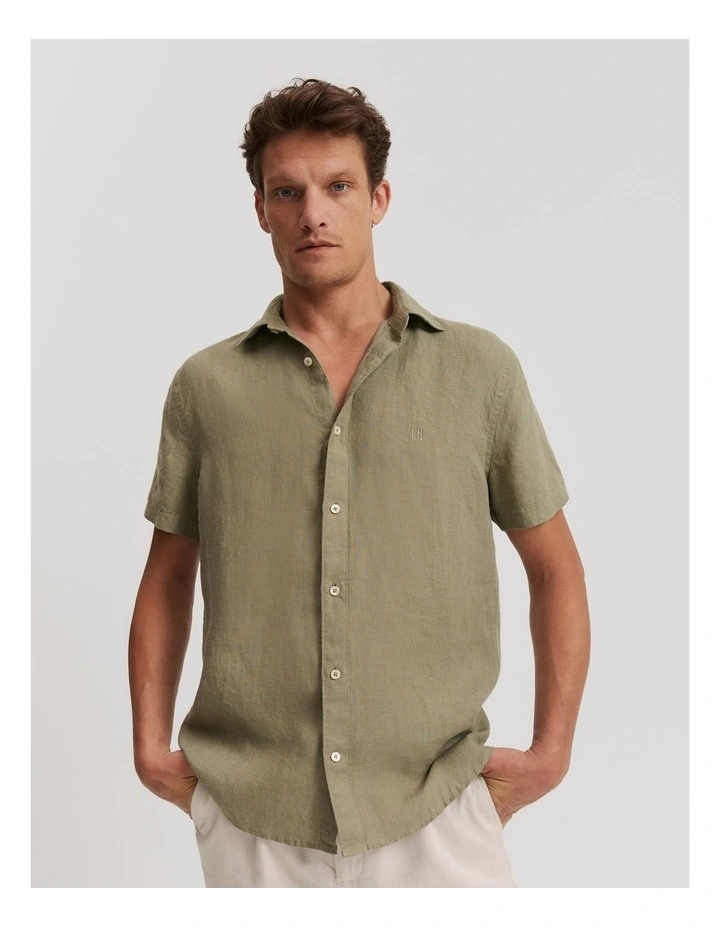 Regular Fit Organically Grown Linen Short Sleeve Shirt in Sage