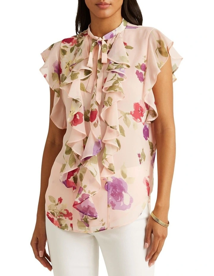 Floral Chiffon Ruffle-Trim Blouse in Pink Multi