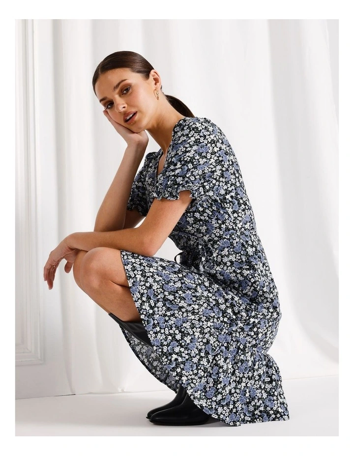 Puff Sleeve Wrap Mini Tea Dress in Blue