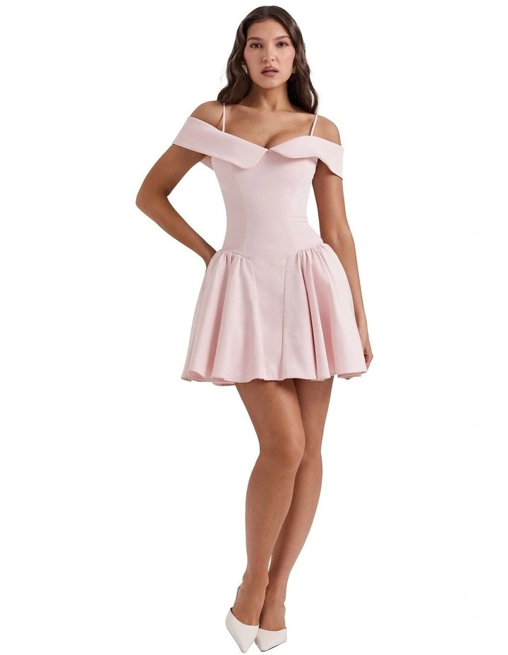 'Elida' Off Shoulder Mini Dress in Ballerina Pink