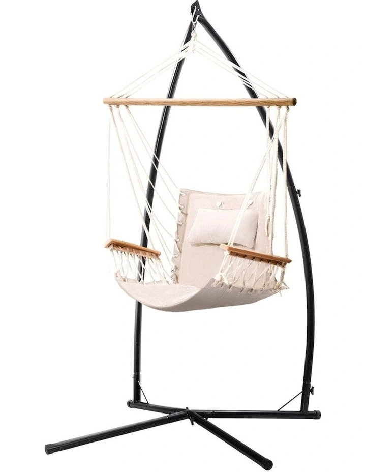 Armrest Outdoor Hanging Hammock Chair with Steel Stand in Cream