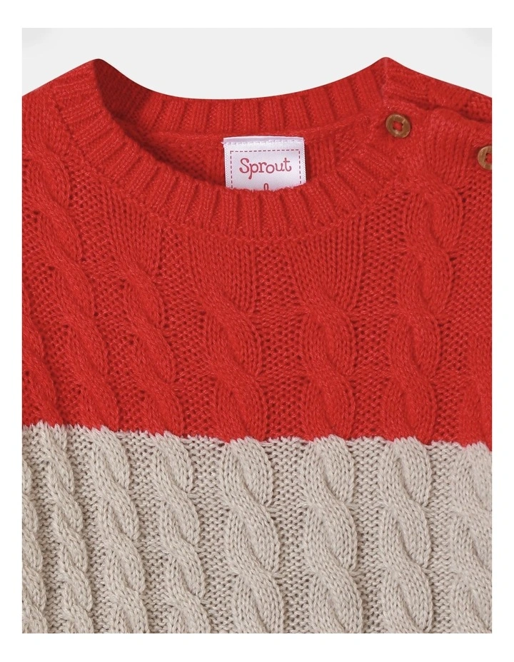 Colour Block Cable Knit Jumper in Red Patent