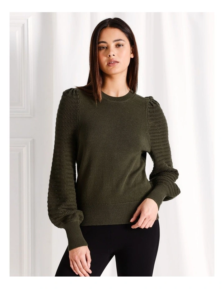 Organic Cotton Blend Sleeve Detail Knit Jumper in Khaki