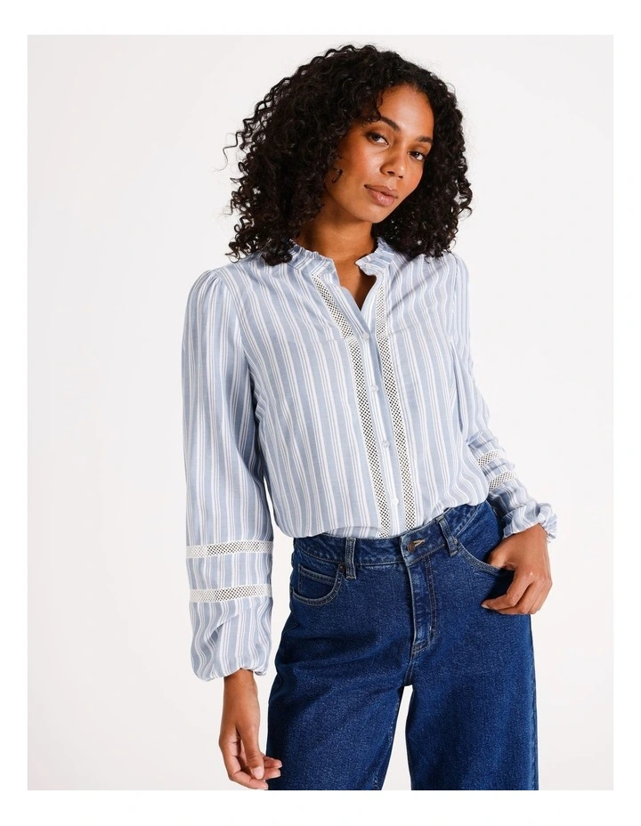 Eco Lace Trim Button Through Blouse in Dusty Blue