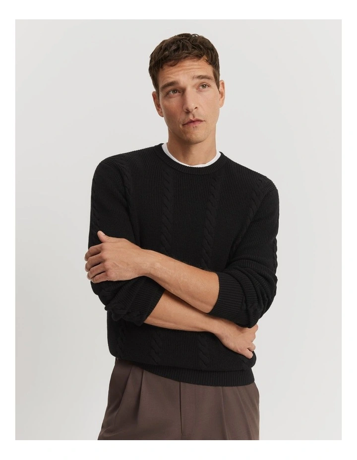 Australian Wool Cable Crew Neck Knit in Black