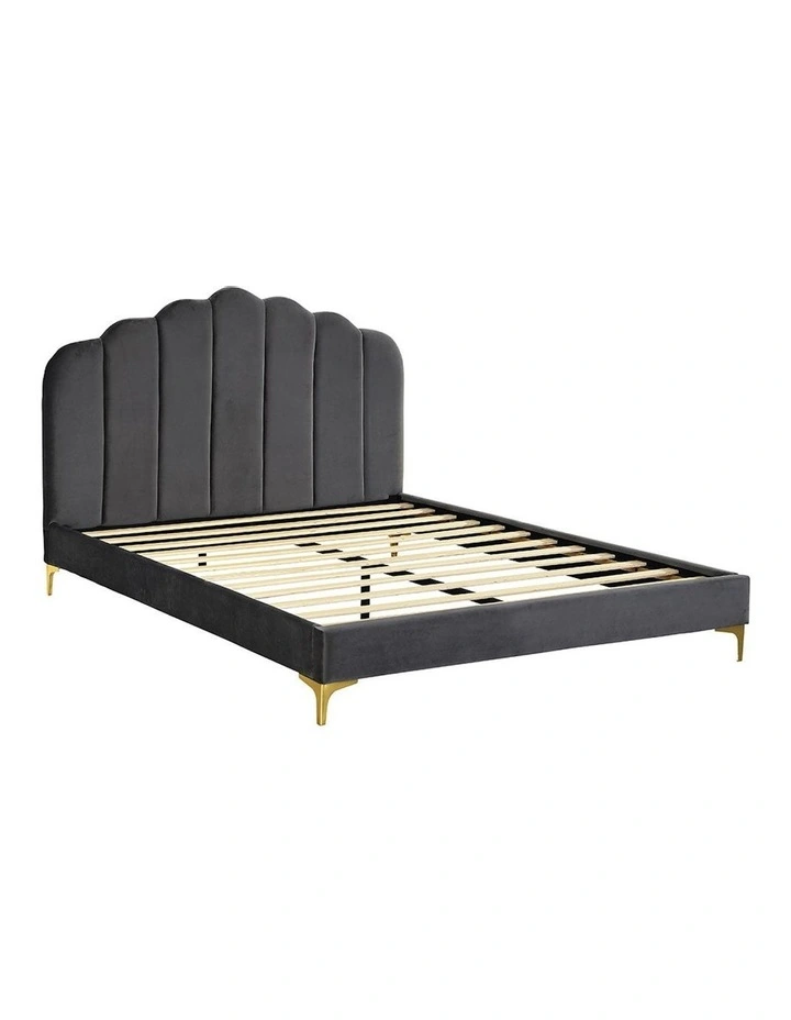 Velvet Headboard Mattress Base Bed Frame Queen Size in Grey