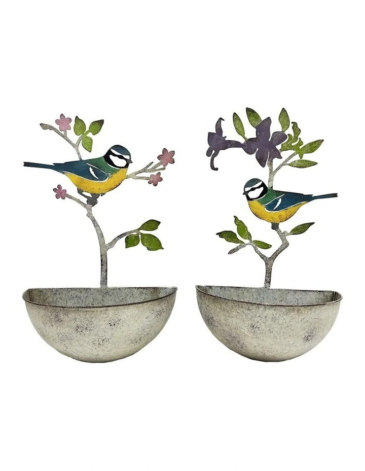 Colourful Pot Bird Wall Planters in Distressed Multicolour