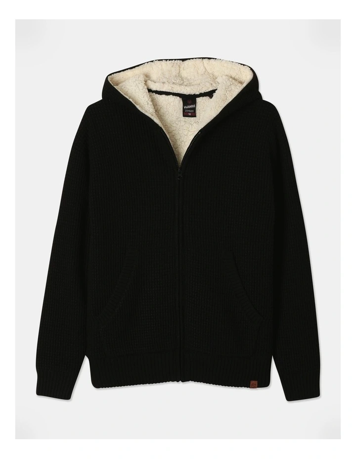 Knitted Waffle Zip Thru Top in Black