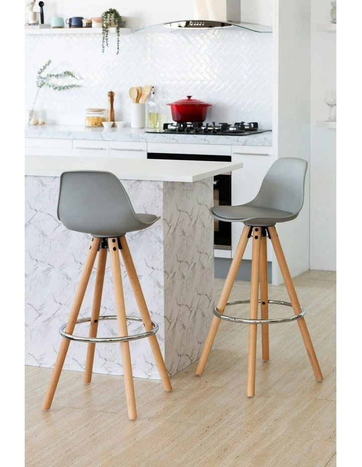 PU Leather Padded Barstools with Metal Footrest Set of 2 in Light Grey/Wood