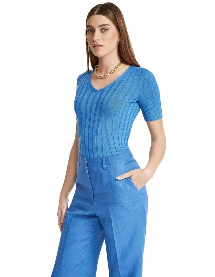 Lucy Rib V-Neck Knitted Top in Heritage Blue